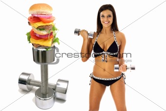 shot of workout burger brunette in bikini exercise