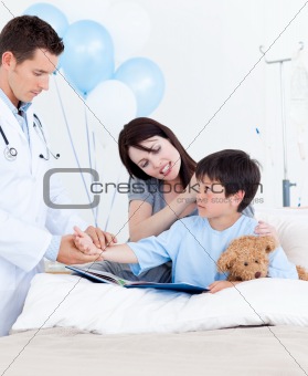 Charming doctor examining patient's arm 