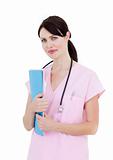 Confident female doctor holding patient's folder 