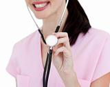 Close-up of a nurse showing a stethoscope 