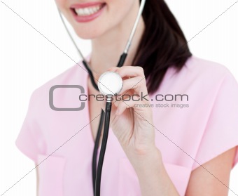 Close-up of a nurse holding a stethoscope