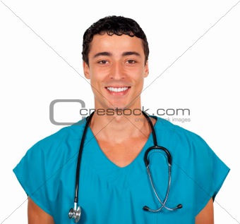 Friendly young doctor in hospital looking at the camera