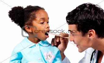 Confident doctor checking his patient's throat