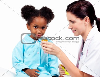 Confident doctor giving medicine to her patient 