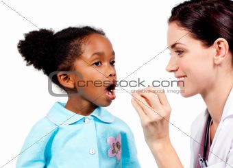 Smiling doctor taking little girl's temperature 
