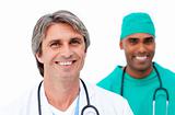 Smiling male doctors standing in a line 