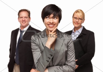 Attractive Businesswoman Smiling with Team Isolated on a White Background.