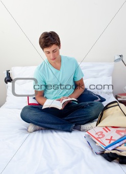Teenager reading a book in his bedroom
