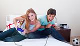 Boy and girl playing video games 