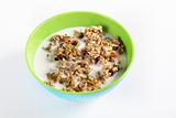shot of granola cereal with milk on white