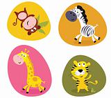 Illustration set of cute safari animals: monkey, tiger, giraffe and zebra