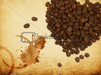 Coffee love concept. Heart shaped coffee beans and coffe rings o