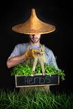 Man with Asian hat gardening 