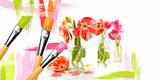 Paint brushes painting  tulips in bottles