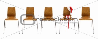 Chairs in a row with gift on white 