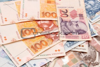 Croatian Kuna banknotes layed out 