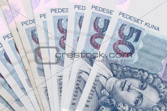 Croatian Kuna banknotes layed out 