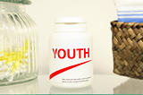 Youth pills in a bottle on bathroom shelf