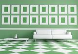 white sofa on green and white chessboard floor