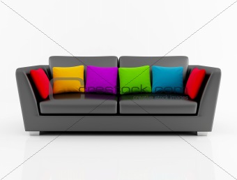 isolated  black couch with colored pillow