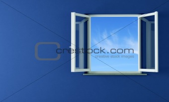 open windows and blue wall