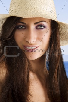 brunette with hat