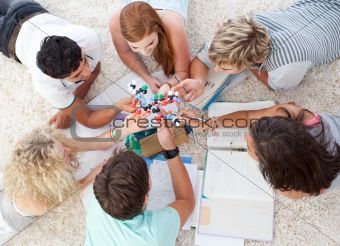 Teenagers studying Science on the floor