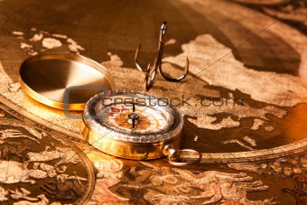 Old navigation equipment, treasure maps