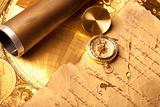Old navigation equipment, treasure maps