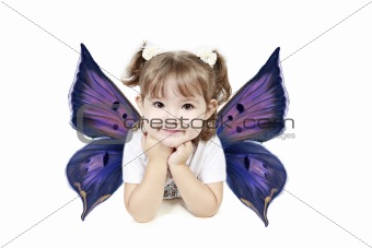Adorable little girl with wings isolated on white background 
