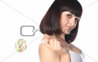 brunette with rainbow lollipop