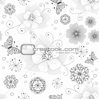 White and black seamless floral pattern