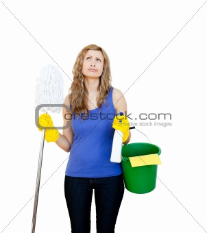 Thinking woman with cleaning utensils 