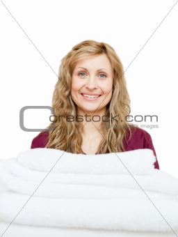 Portrait of a woman against white background