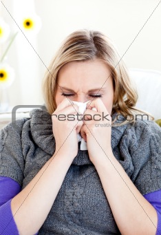 Diseased woman use a handkerchief