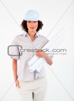 Female architect holding architectural plans
