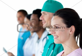 A medical group showing diversity standing in a line