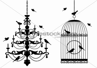 birdcage and chandelier with birds, vector