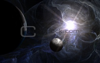 Blue nebula with sun and planet. close view on planet similar Earth
