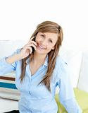 Positive businesswoman talking on phone