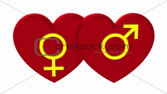 Male and female sex symbols with hearts