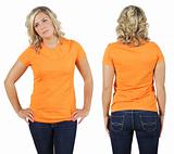 Female with blank orange shirt
