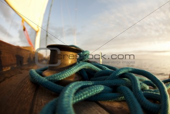 Rope on sailing boat in the sea