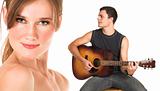 Face of a beautiful nude woman with man playing guitar