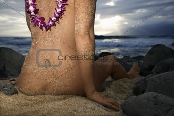 Rear view of nude woman on beach.
