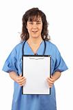 Female doctor showing a blank clipboard