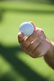 Hand holding golf ball.