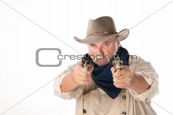 Big cowboy pointing two pistols on white background
