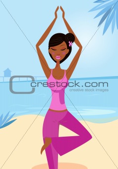 Woman in yoga tree pose on the sunny beach