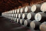 Old wine cellar full of wooden barrels